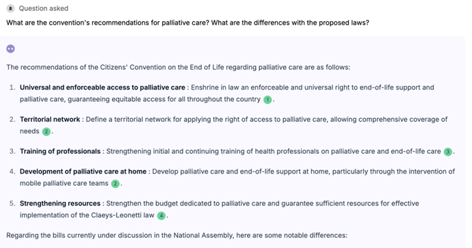 Screenshot showing a conversation with an AI chatbot about France's End of Life Convention.